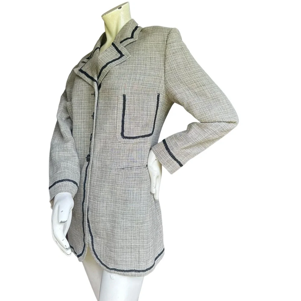 Vintage Byblos Made in Italy Linen Blend Black & Gray Fabric Trim Blazer IT 48